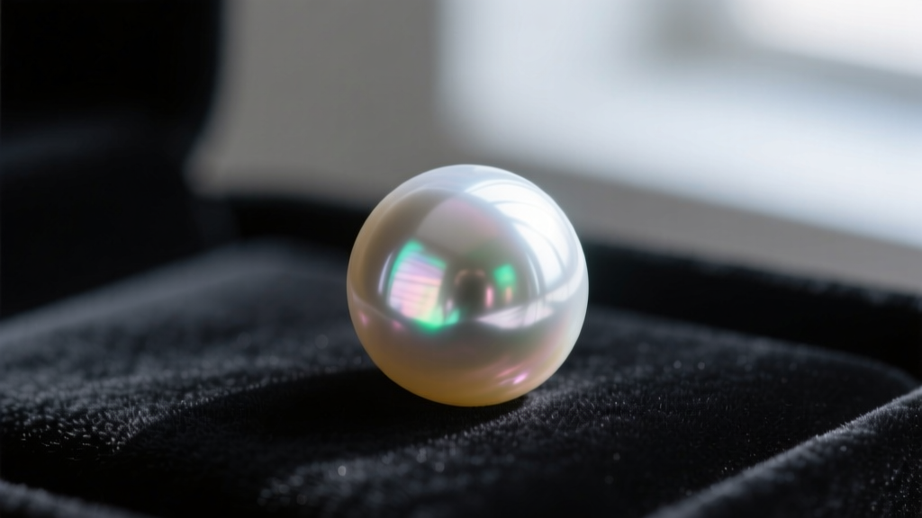 Macro photography of a single high-luster round Akoya pearl with a thick nacre, resting on a dark velvet jeweler