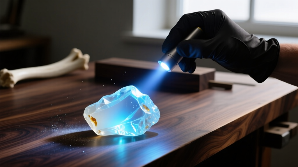 Jeweler shining a UV flashlight on raw white bone amber, revealing bright pale blue fluorescence against a dark wooden workbench.