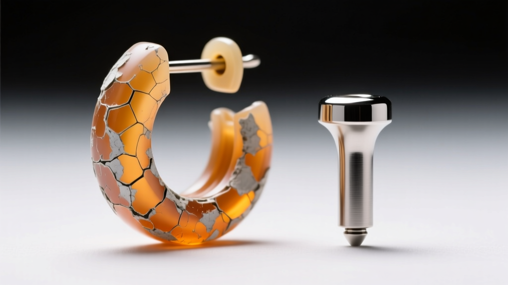Microscopic view of degraded 1980s ABS plastic earring next to a polished medical titanium post under bright studio lighting setup