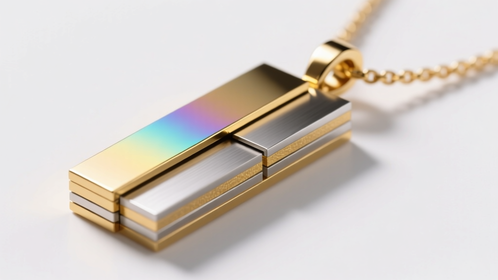Cross-section render of a gold PVD s.steel necklace pendant, showing titanium nitride layers over the bare steel substrate.