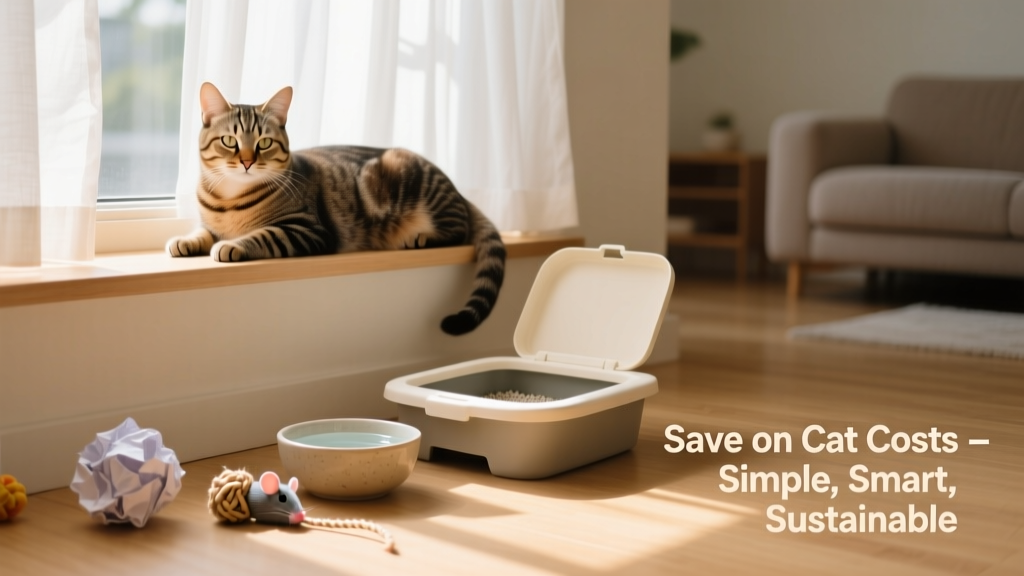 A calm indoor cat lounging near a sunny window, with a clean litter box, fresh water bowl, and simple toys nearby