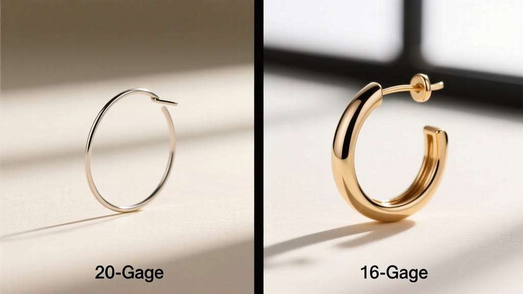 Side-by-side macro comparison of 20-gauge and 16-gauge earring wires, showing thickness differences for heavy statement jewelry.