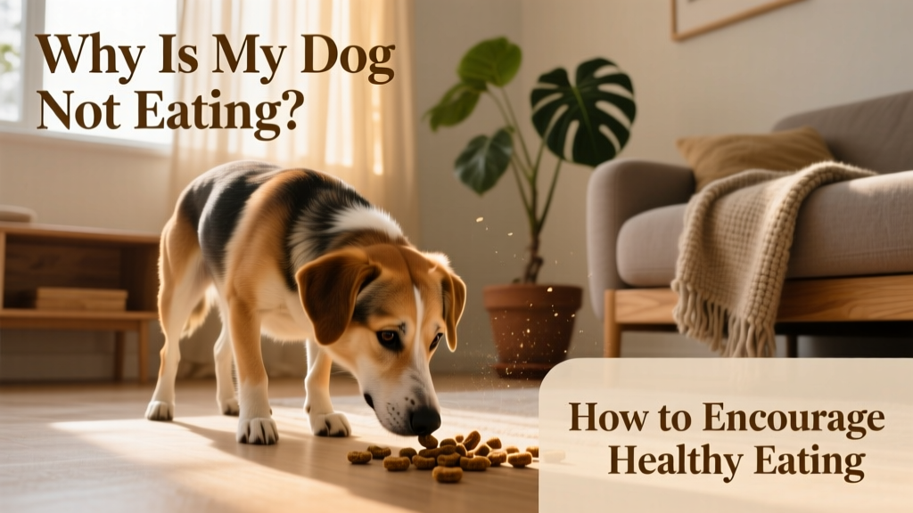 Dog gently nudging dry kibble with nose toward corner of quiet room, illustrating food-stashing behavior