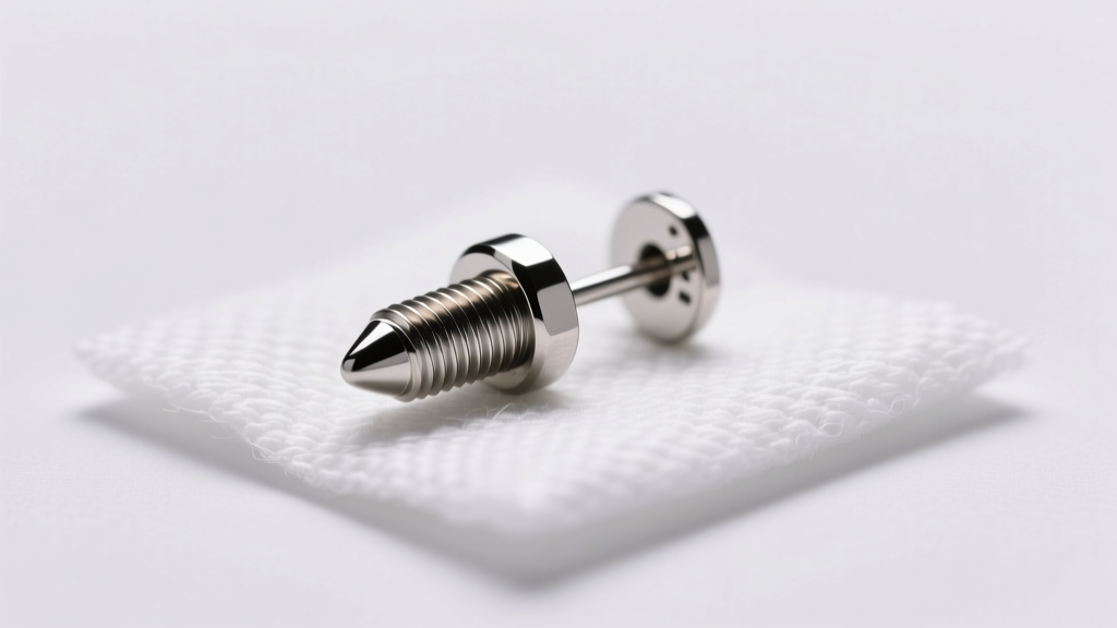 Macro shot of an ASTM F136 titanium threaded earring post resting on sterile white medical gauze under soft studio lighting.