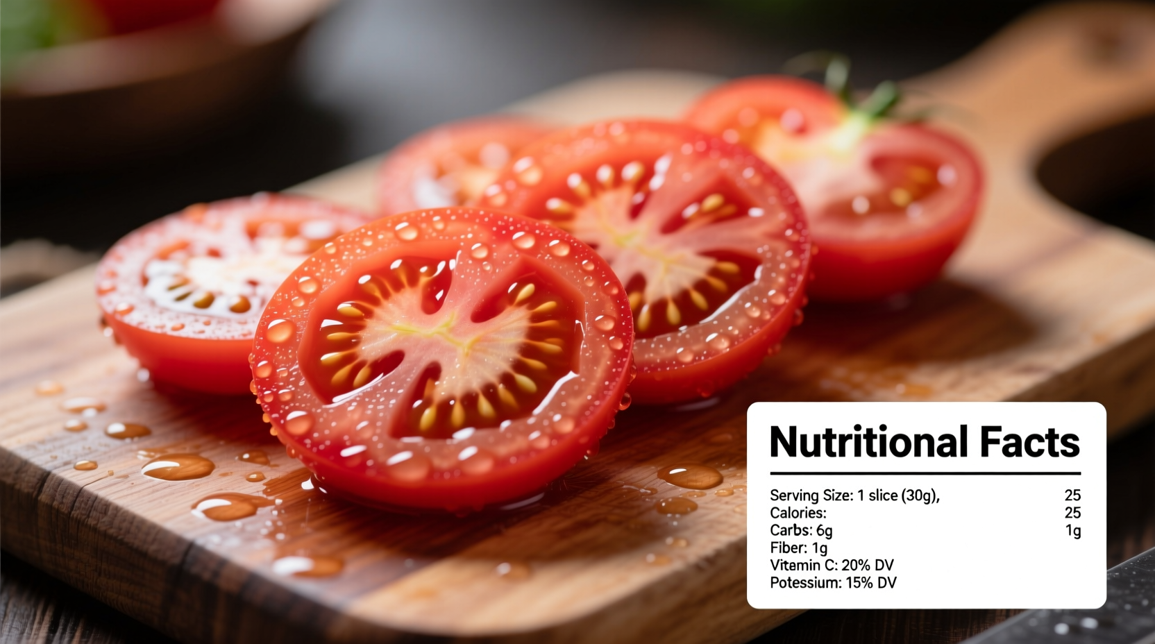 Fresh tomato slices on cutting board with nutritional facts