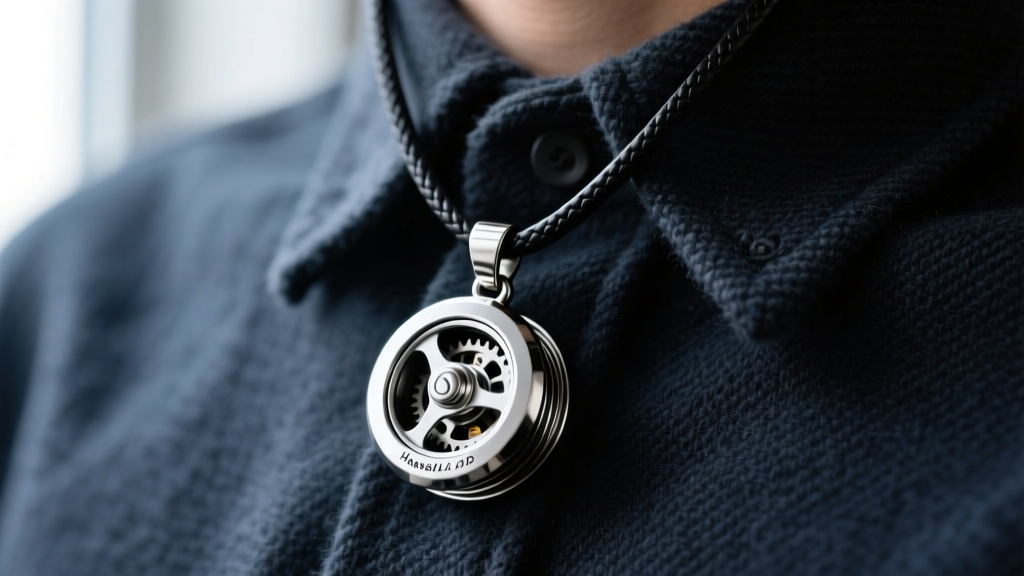 A masculine 316L stainless steel fishing reel pendant hanging from a 3mm black leather cord necklace against a dark flannel shirt