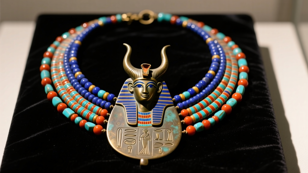 A replica menat necklace on dark velvet, showing a multi-strand beaded collar and a heavy bronze Hathor counterpoise in soft light.
