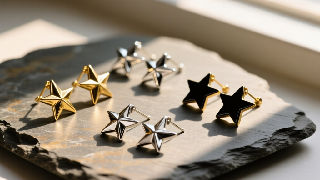 Flat lay of mixed-metal threader earrings with stars resting on raw slate, illuminated by directional warm sunlight