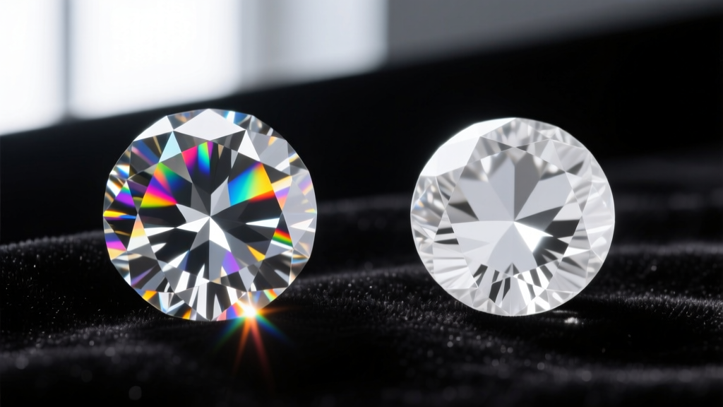 Side-by-side view of a brilliant moissanite and a white sapphire gemstone showing light dispersion differences on dark velvet.