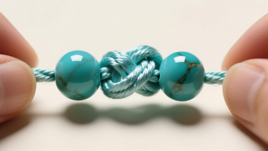 Extreme close-up of a hand-tied silk overhand knot between two 8mm round turquoise gemstone beads, showing the precise tension.
