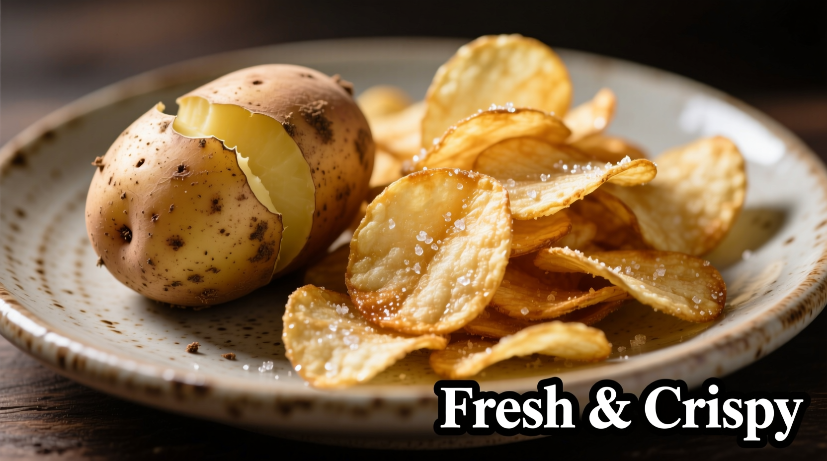Raw potatoes next to golden potato chips on a plate