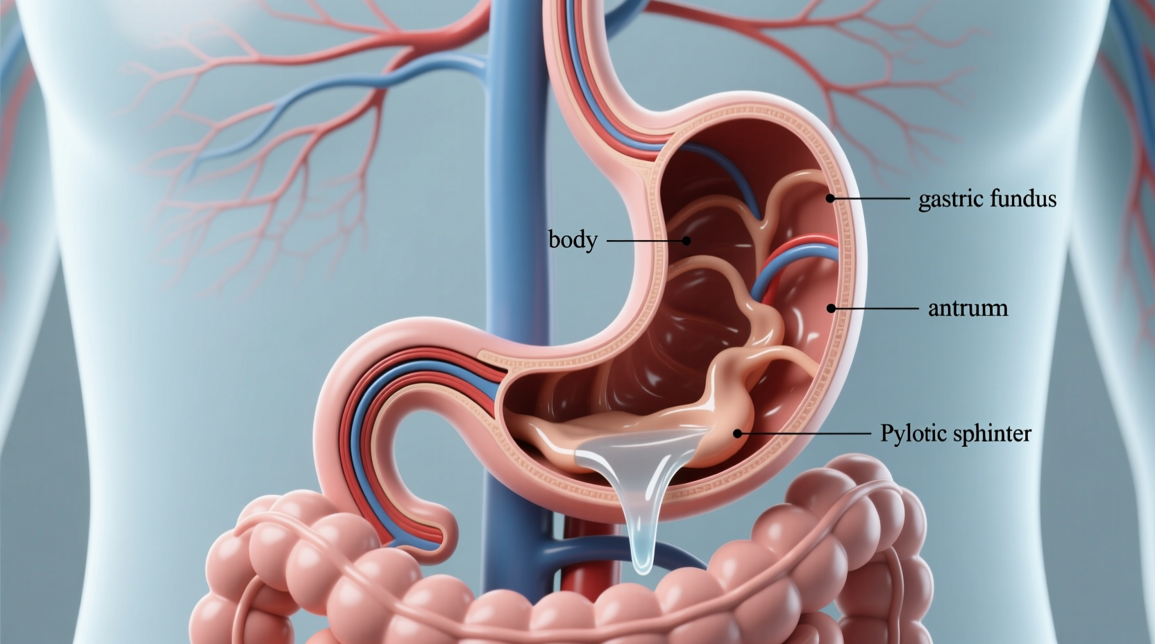 Digestive system illustration showing stomach emptying process