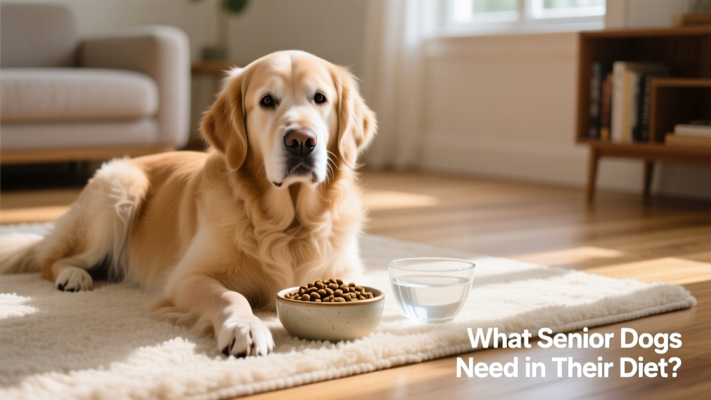 Senior golden retriever resting comfortably on a soft rug beside a bowl of kibble and fresh water