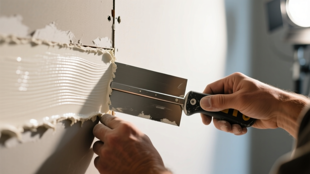 Close-up of a drywall finisher applying joint compound with a 10-inch taping knife over a flat seam under bright work lights
