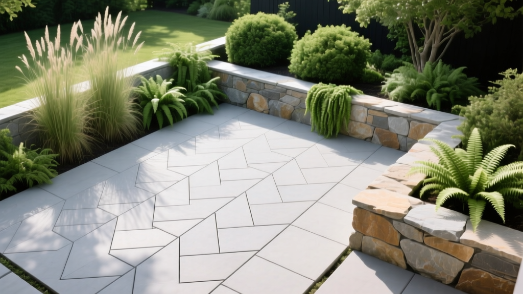 Overhead view of a modular concrete paver patio in a herringbone pattern, bordered by natural stone walls and lush landscaping
