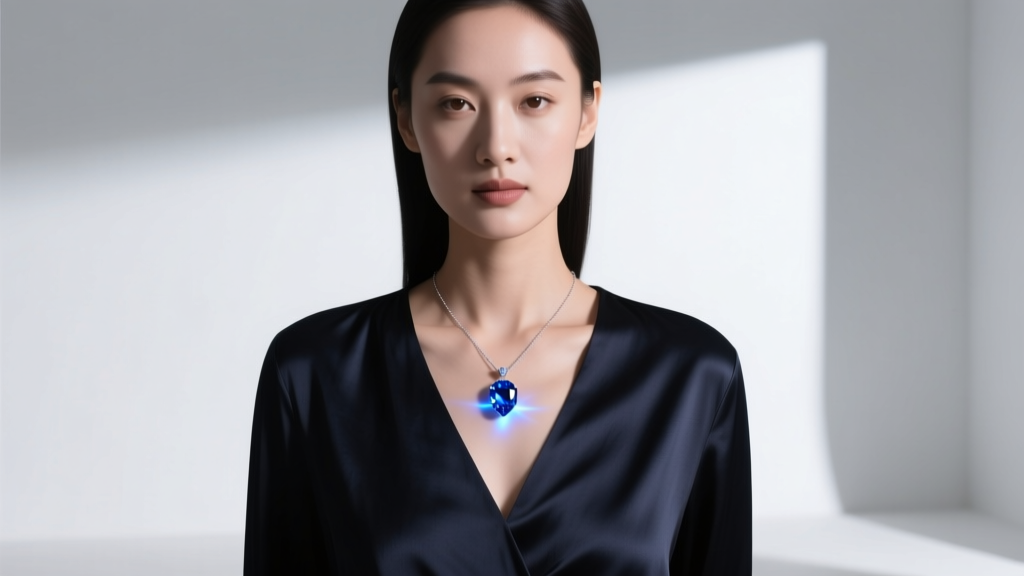Woman wearing a floating pendant necklace with a sapphire gemstone resting on her collarbone over a dark silk V-neck blouse.