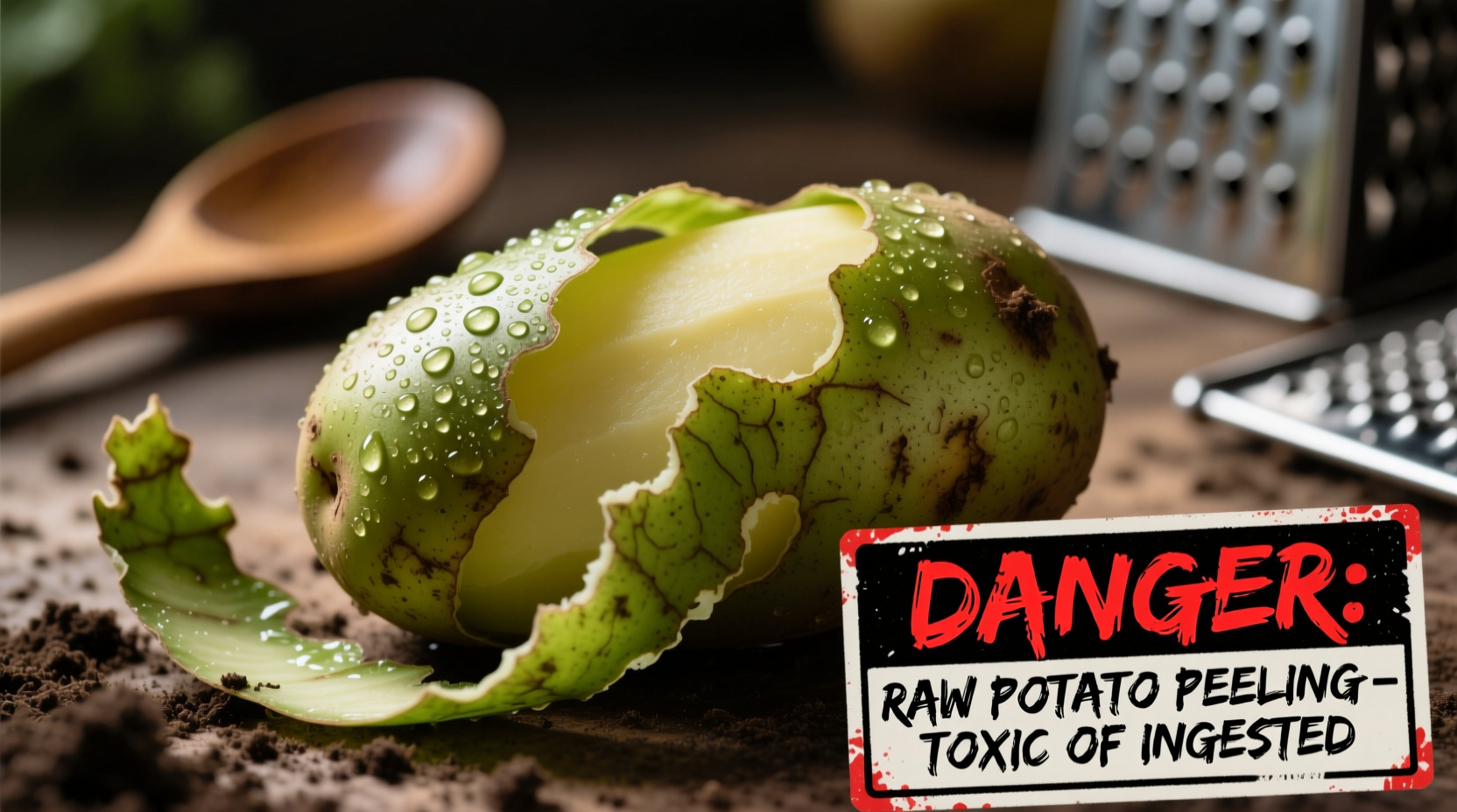 Close-up of green potato peelings with warning sign