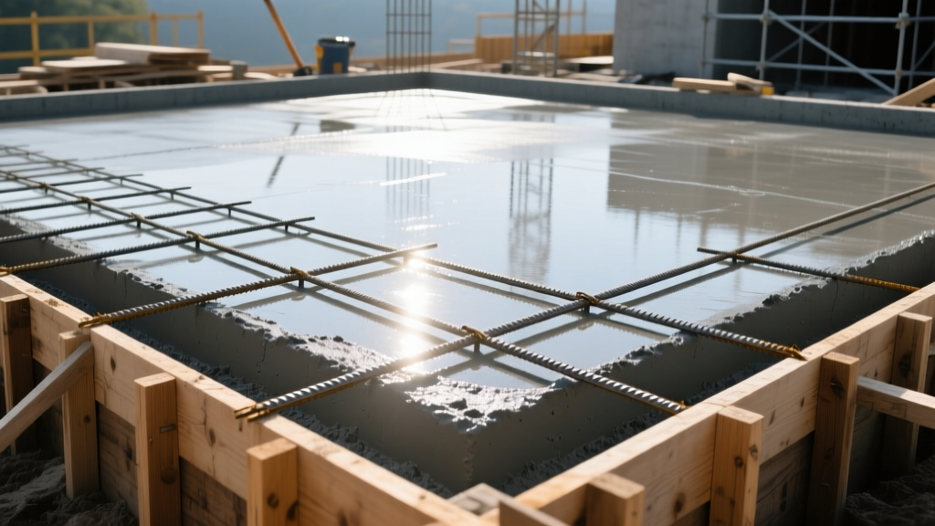 Freshly poured concrete slab foundation with wooden formwork and steel rebar grid under bright morning construction lighting.