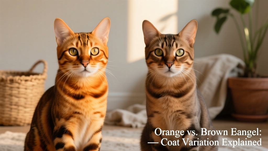 Side-by-side comparison showing a warm-toned 'orange' Bengal next to a cooler brown Bengal, highlighting coat variation