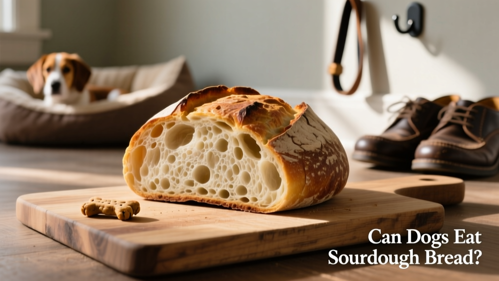 A slice of plain, fully baked sourdough bread on a wooden cutting board