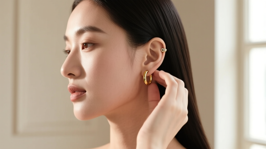 Side profile of a woman styling a single minimalist 15mm gold hoop earring, showing a clean, modern standard earlobe piercing.