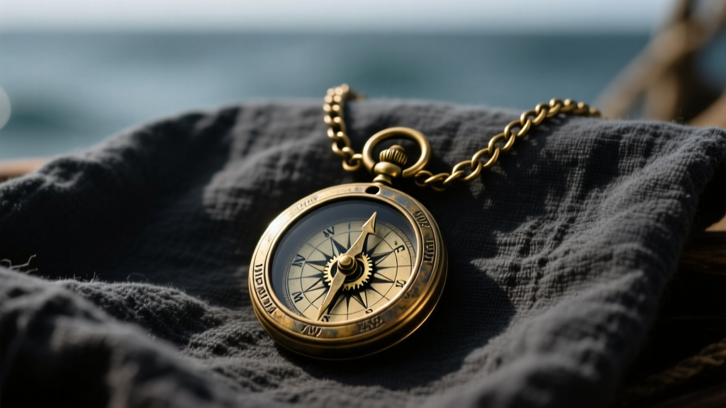 Close-up of a weathered brass pirate necklace with a working compass pendant resting on dark linen, moody nautical lighting.