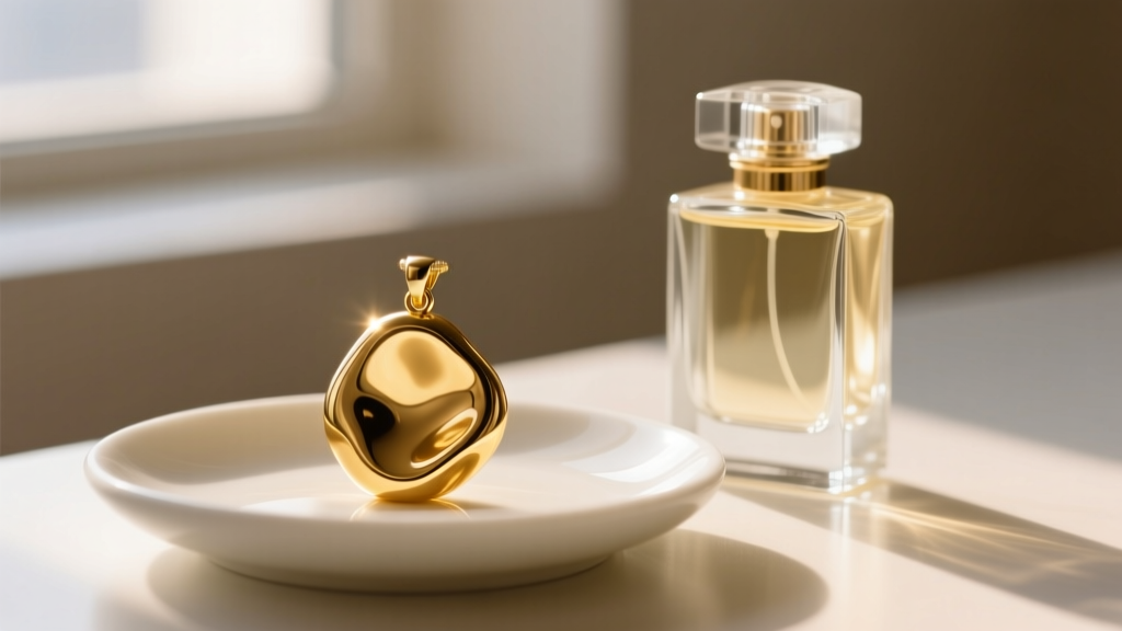 Melted gold pendant on a ceramic dish next to a glass perfume bottle, bathed in soft natural daylight from a nearby window.