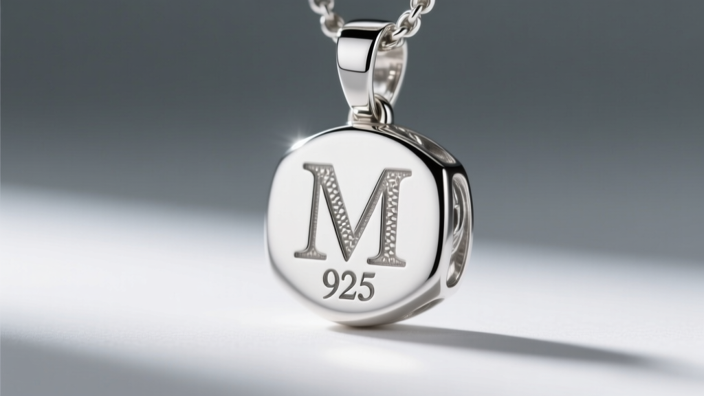 Extreme close-up of a sterling silver M pendant hallmark stamp, showing the 925 engraving and subtle rhodium plating reflection