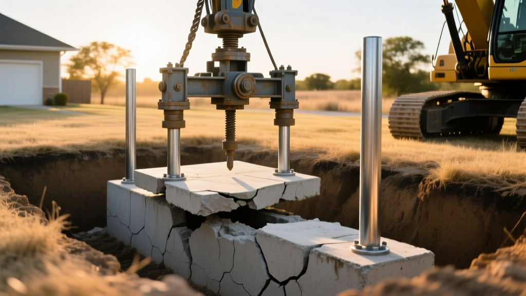 Hydraulic jacks lifting a cracked concrete slab foundation in Texas, with steel push piers visible in an excavated trench