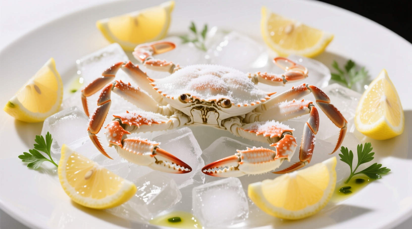 Fresh crab meat on ice with lemon wedges
