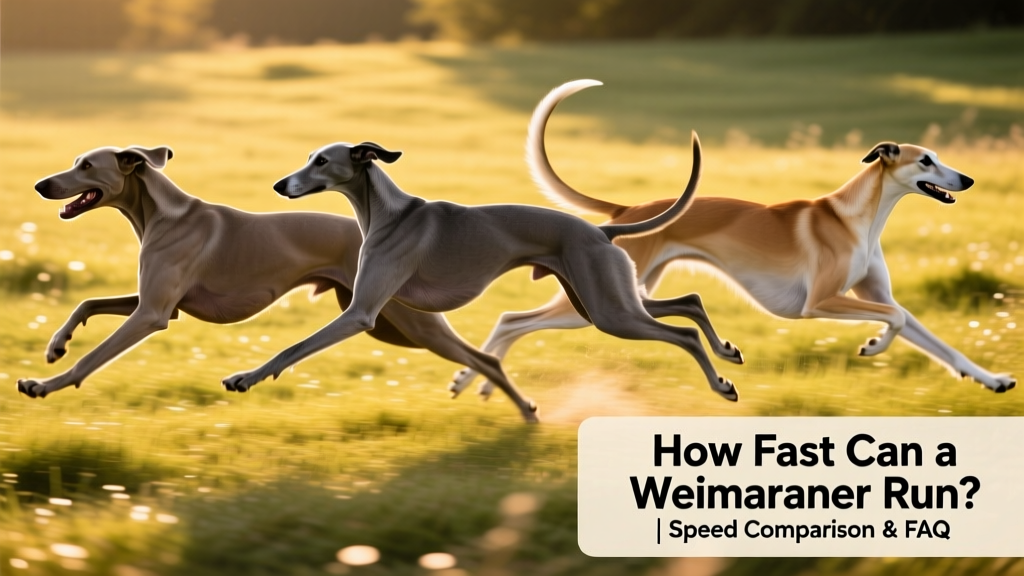 Side-by-side comparison illustration showing Weimaraner, Greyhound, and Saluki in mid-stride, highlighting differences in build and gait