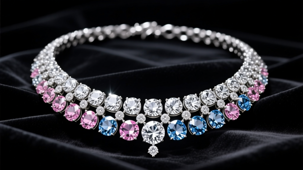 Massive diamond necklace with rose cuts on dark velvet under dramatic lighting, highlighting intricate platinum setting details.