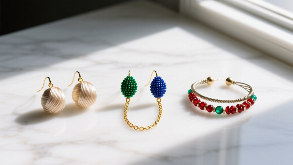 Flat lay of three string earring pairs on marble: one silk thread, one delicate gold chain threader, and one beaded wire string