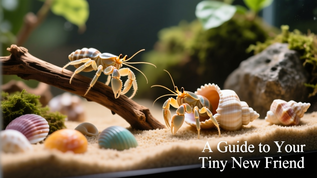 A pair of healthy hermit crabs exploring a naturalistic terrarium with sand, climbing branches, and shells