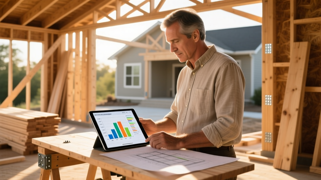 Architect reviewing digital blueprints and a detailed cost-to-build spreadsheet on a tablet at a residential framing site