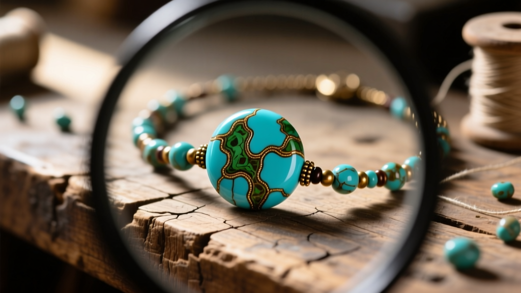 Loupe examining the matrix of a genuine Royston turquoise bead in a western beaded necklace resting on a rustic wooden workbench.
