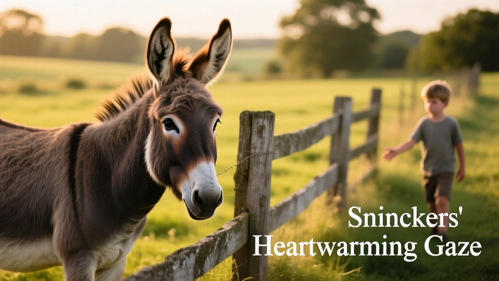 Snickers the donkey standing calmly beside a wooden fence, ears perked forward, looking toward the camera