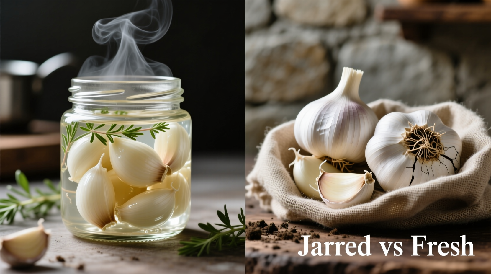 Close-up of jarred garlic versus fresh garlic cloves