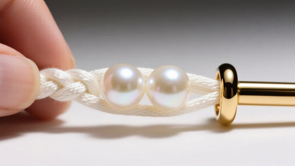 Macro photo of hand-knotted white silk thread between two round 8mm cream Akoya pearls near a polished 14k gold barrel clasp.