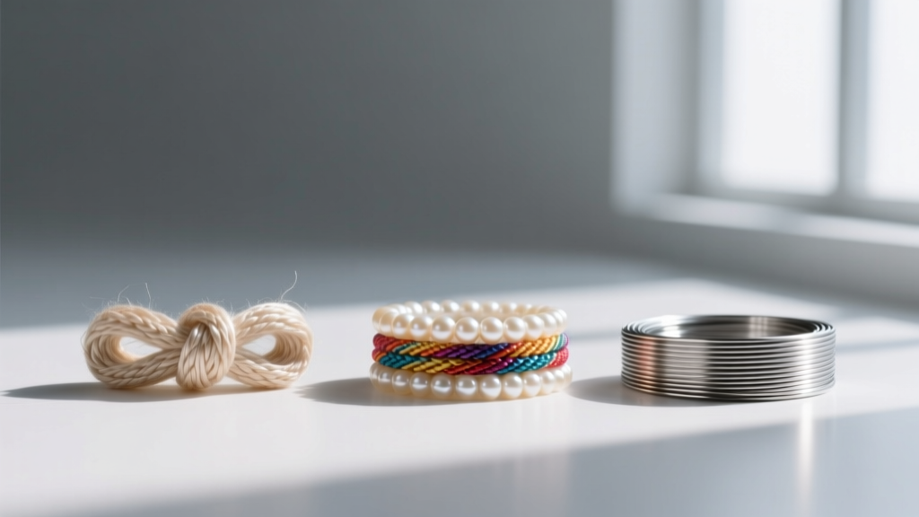 Close-up of three pearl stringing materials: knotted silk thread, braided nylon cord, and coated stainless steel beading wire.
