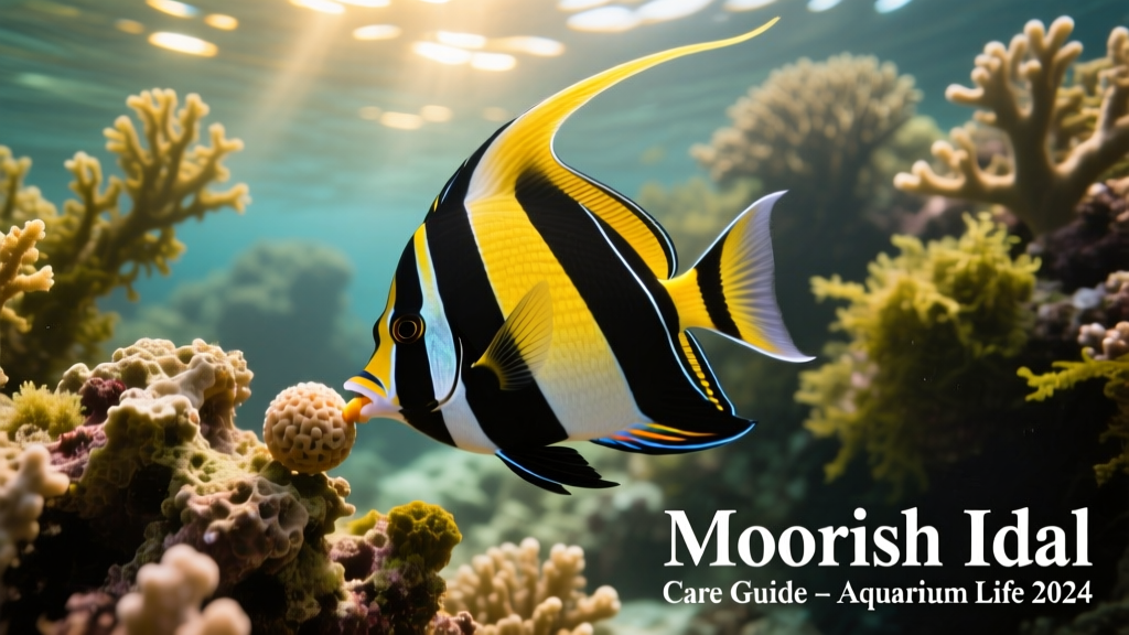 Close-up of a Moorish idol actively feeding on a sponge-based food pellet near a live rock outcrop in a mature reef aquarium