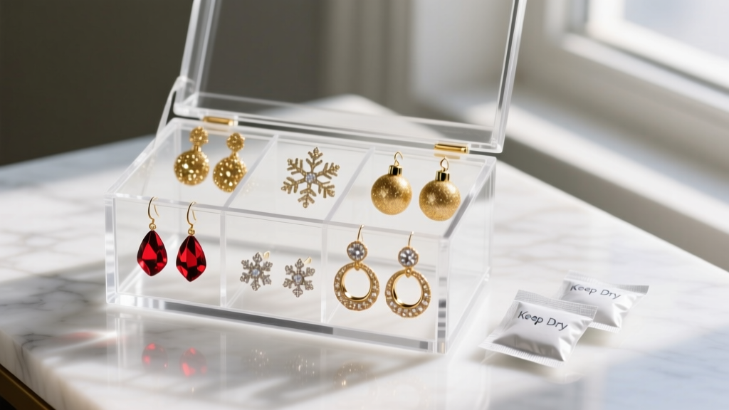 Clear acrylic jewelry box with compartments holding festive holiday earrings, next to small silica gel desiccant packets.