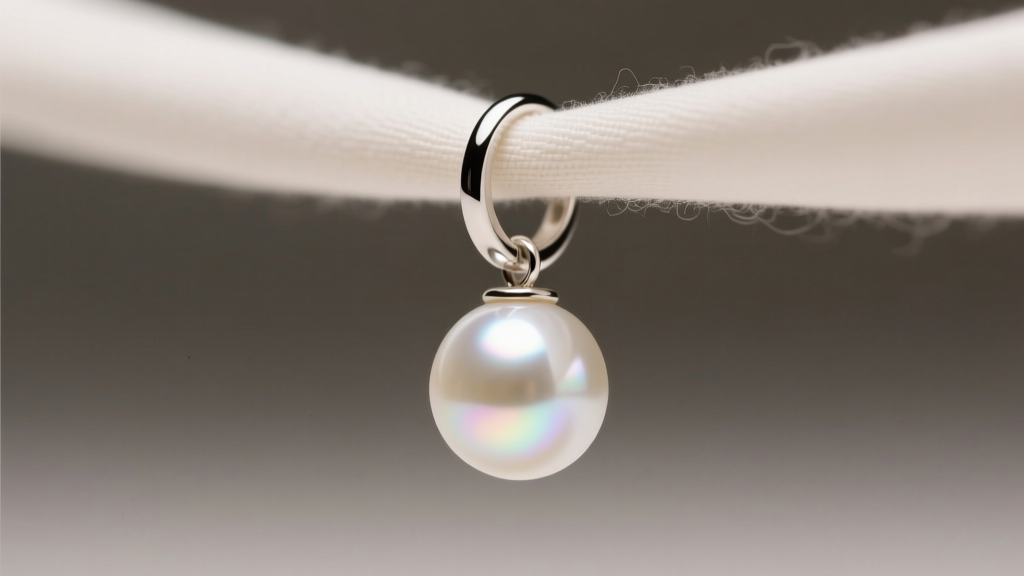 Soft microfiber cloth gently wiping a single white freshwater pearl attached to a sterling silver hoop earring under warm lighting