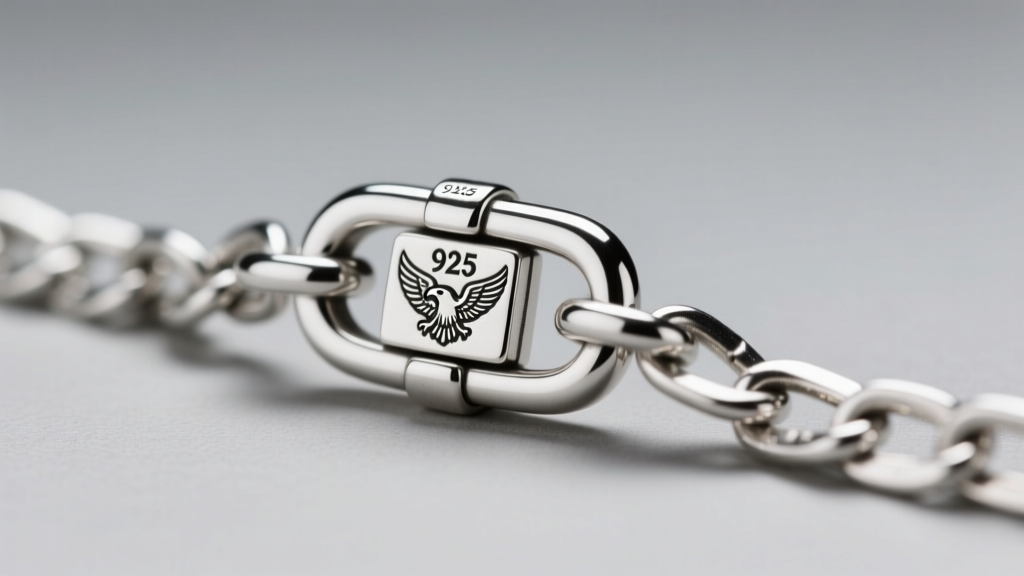 Macro shot of a 3mm sterling silver Taxco cadena chain showing the 925 hallmark and artisan eagle stamp on a polished silver clasp.