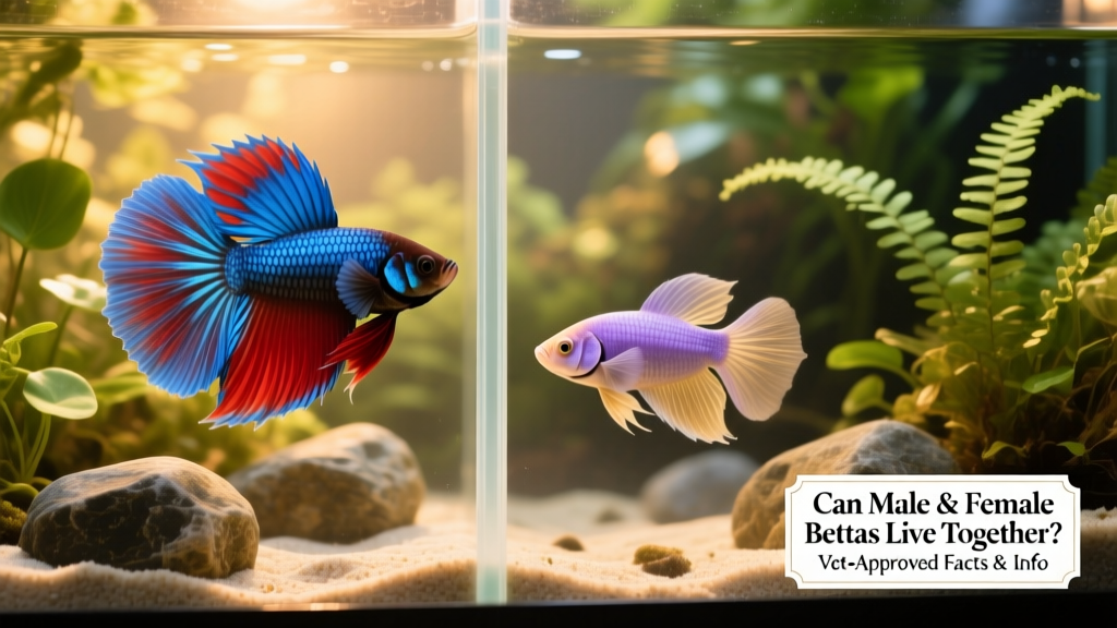 Two betta fish—one male with flared gills, one female with subdued coloration—separated by a clear acrylic divider in a planted aquarium