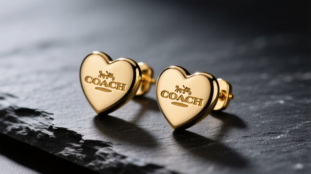 Macro shot of authentic gold-plated Coach heart earrings on dark slate, highlighting the crisp hallmark stamp and smooth enamel finish.