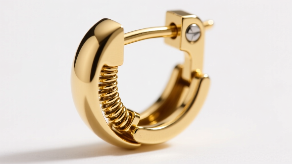 Close-up photo showing a gold leverback earring closure mechanism with its hinged clasp and tension spring clearly visible