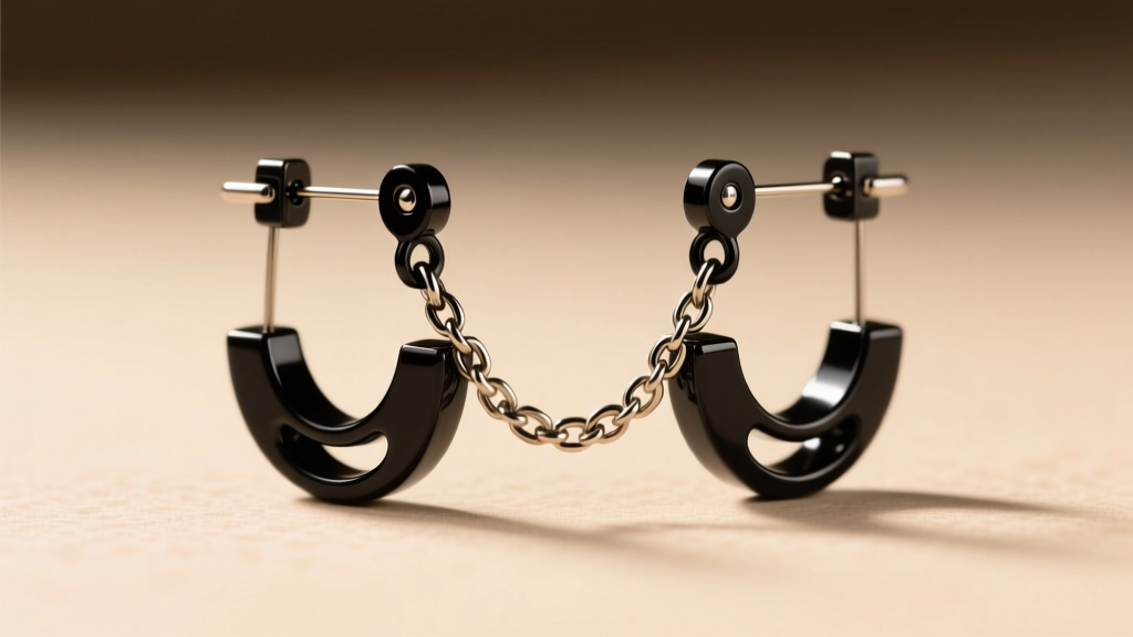 Close-up of a punk rock ear curation featuring black PVD steel safety pin lobe earrings connected by a delicate helix chain.