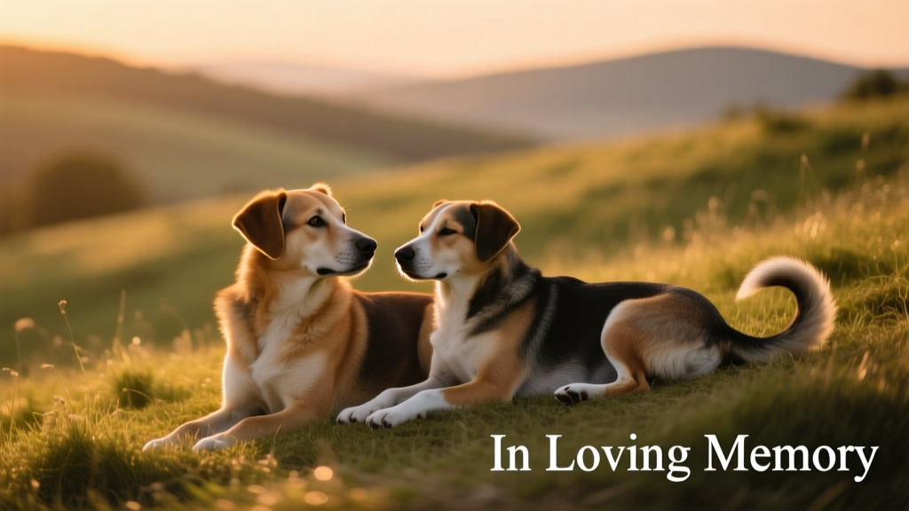 Two dogs resting side by side on a grassy hill, one looking gently toward the other