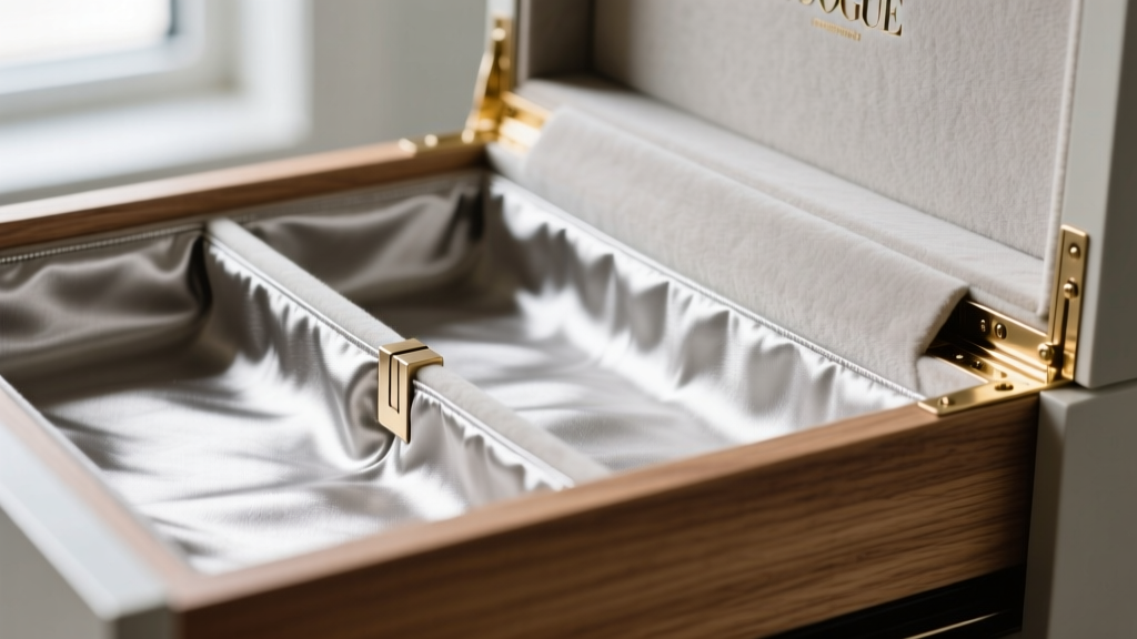 Close-up of anti-tarnish Pacific Silvercloth lining and solid dovetail joinery inside an open luxury jewelry drawer compartment.